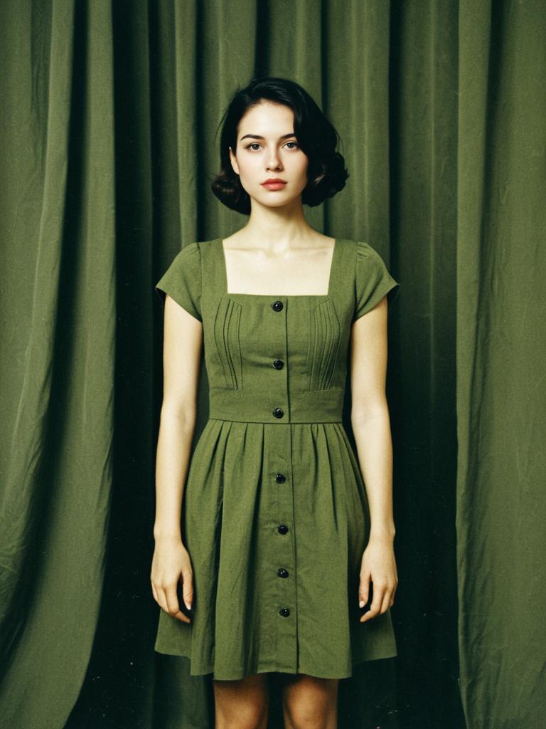 Woman in Olive Green Army Style Button-Down Dress