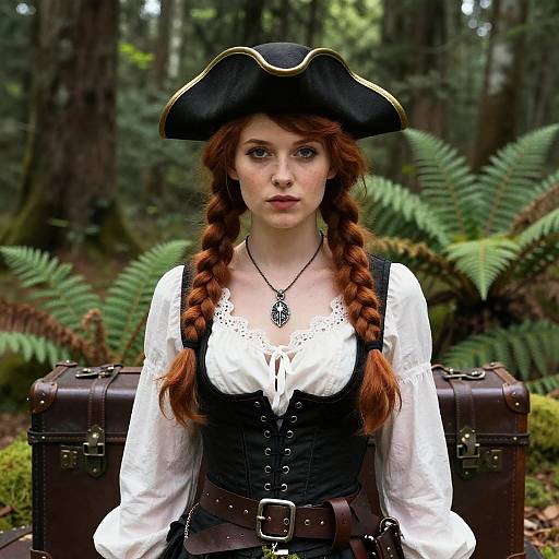 Red-Haired Woman in Pirate Costume with Braids in Forest