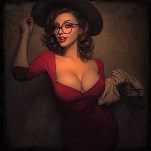 Vintage Style Woman Flirting in Red Dress and Glasses