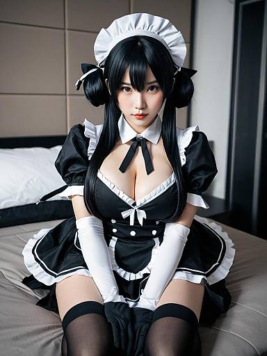 Anime-Inspired Maid Cosplay Girl Sitting on Bed – Girls Frontline Style