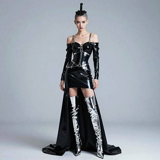 Gen Z Fashion Woman in Futuristic Black Latex Dress with Silver Boots