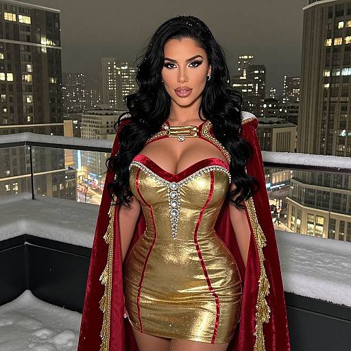Glamorous Woman in Gold Dress and Red Velvet Cape on Snowy Rooftop at Night