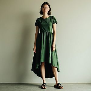 Confident Young Woman in Green Dress