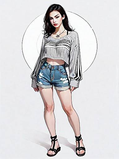 Realistic Comic Style Full Body Illustration of Casual Woman Wearing Striped Crop Top and Denim Shorts