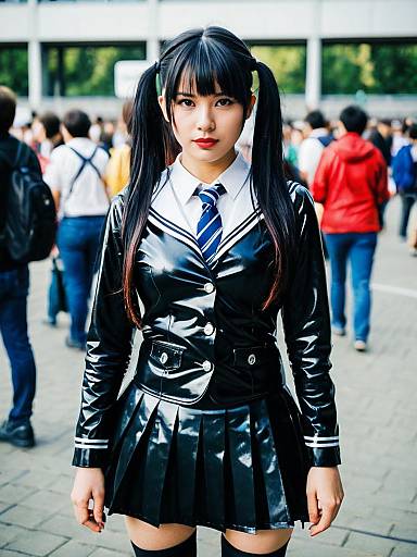 Woman in Latex Schoolgirl Costume at Cosplay Festival