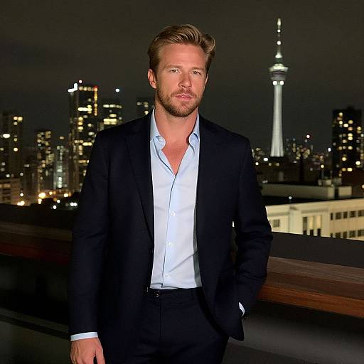 Confident Man in Dark Suit on Rooftop with City Nightscape Background