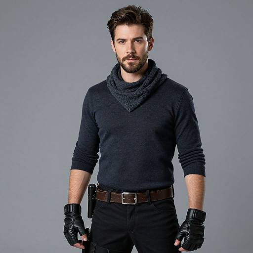 Man in Dark Tactical Outfit with Gloves and Scarf