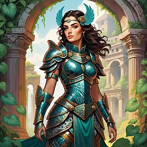 Confident Woman Warrior in Teal and Gold Armor