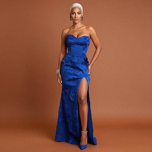 Elegant Woman in Royal Blue Strapless Floral Gown with High Slit