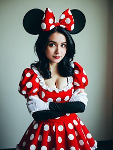 Woman in Classic Minnie Mouse Costume Cosplay with Red Polka Dot Dress