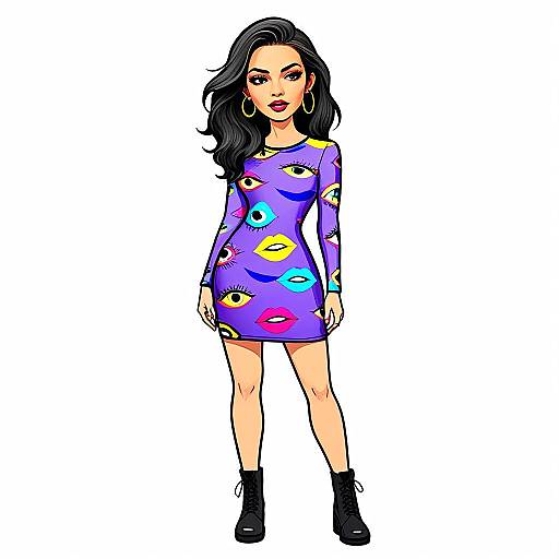 Pop Art Woman in Purple Dress with Eyes and Lips Pattern