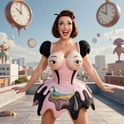 Surreal Woman in Avant-Garde Dress with Floating Clocks on Rooftop