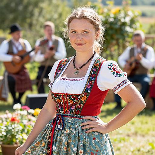 Young Woman in Traditional Bavarian Dress with Folk Band Outdoors