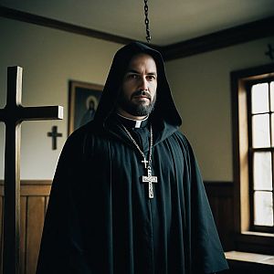 Solemn Man in Black Robe in Dimly Lit Chapel