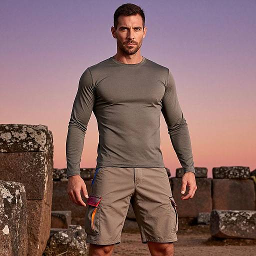 Man Standing Among Ancient Stone Ruins at Sunset Wearing Cargo Shorts and Long Sleeve Shirt