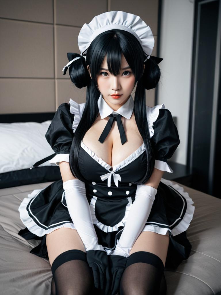 Anime-Inspired Maid Cosplay Girl Sitting on Bed – Girls Frontline Style