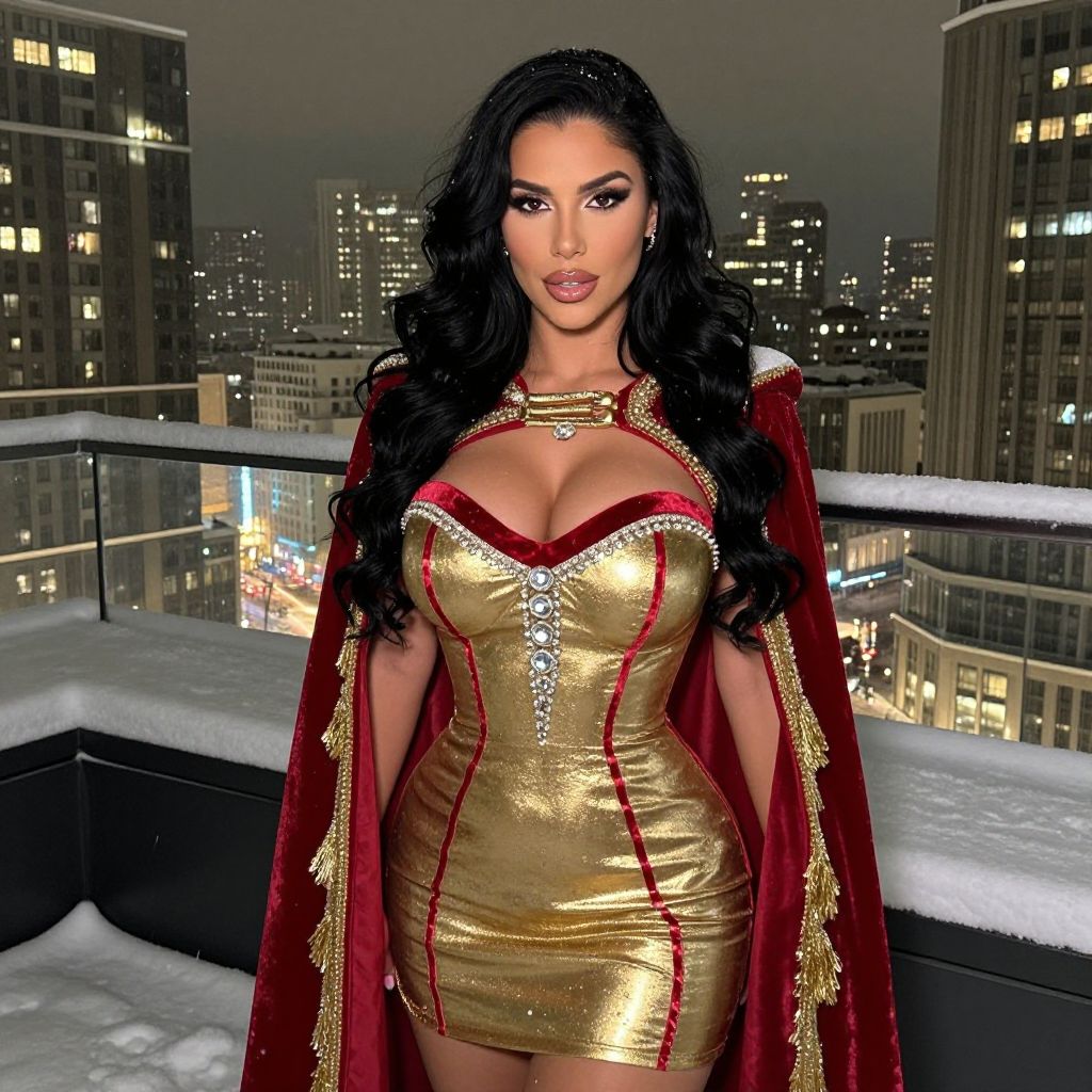 Glamorous Woman in Gold Dress and Red Velvet Cape on Snowy Rooftop at Night
