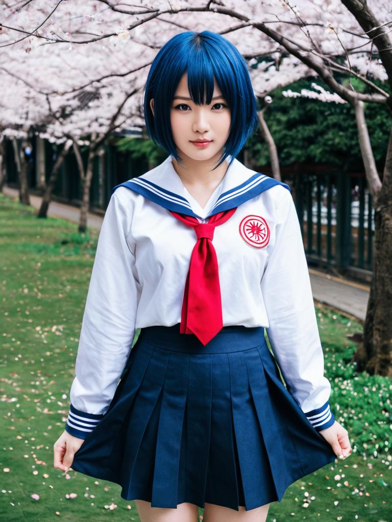 Adachi Sakura Cosplay in Japanese Schoolgirl Uniform with Blue Hair Under Cherry Blossoms