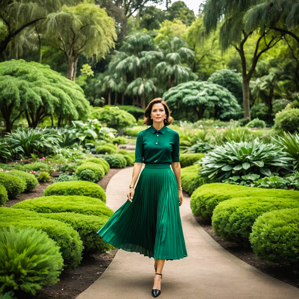 Stylish Woman in Green Outfit in Lush Garden