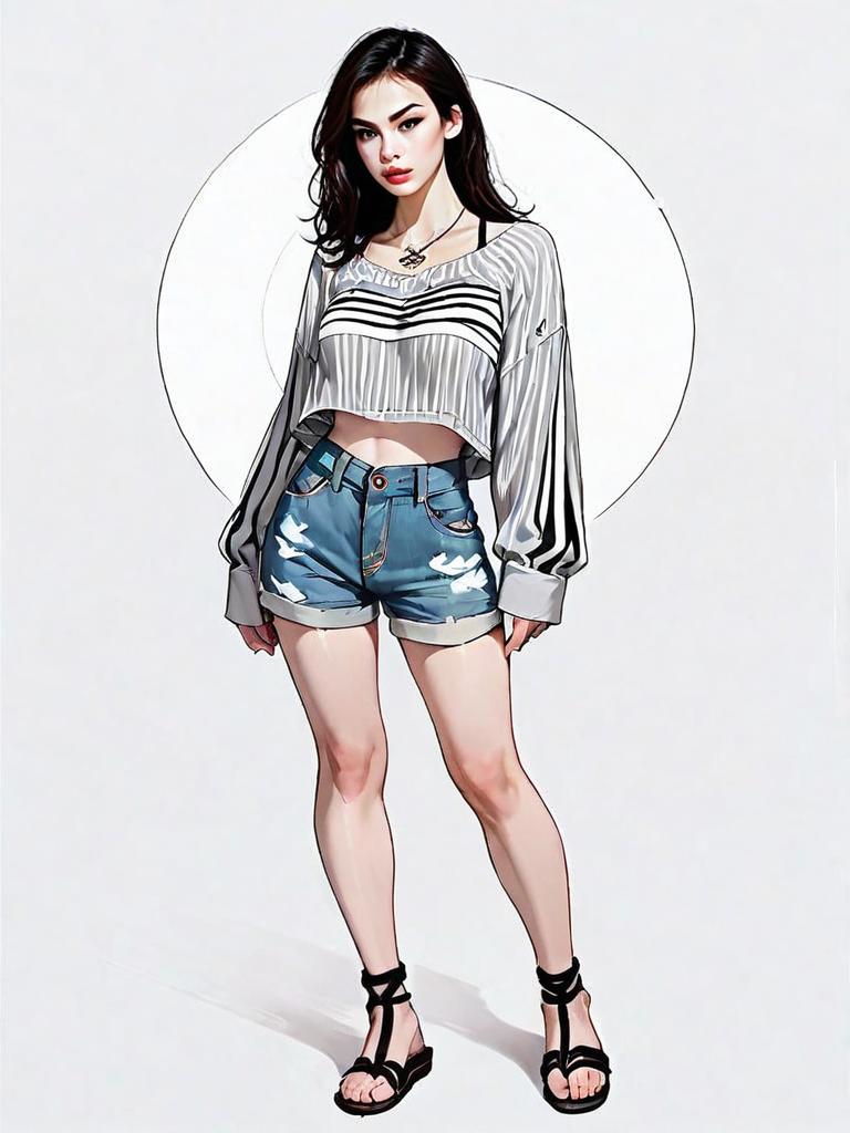 Realistic Comic Style Full Body Illustration of Casual Woman Wearing Striped Crop Top and Denim Shorts