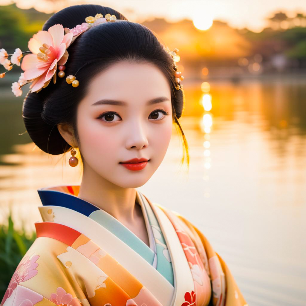 Young Woman in Vibrant Kimono at Sunset