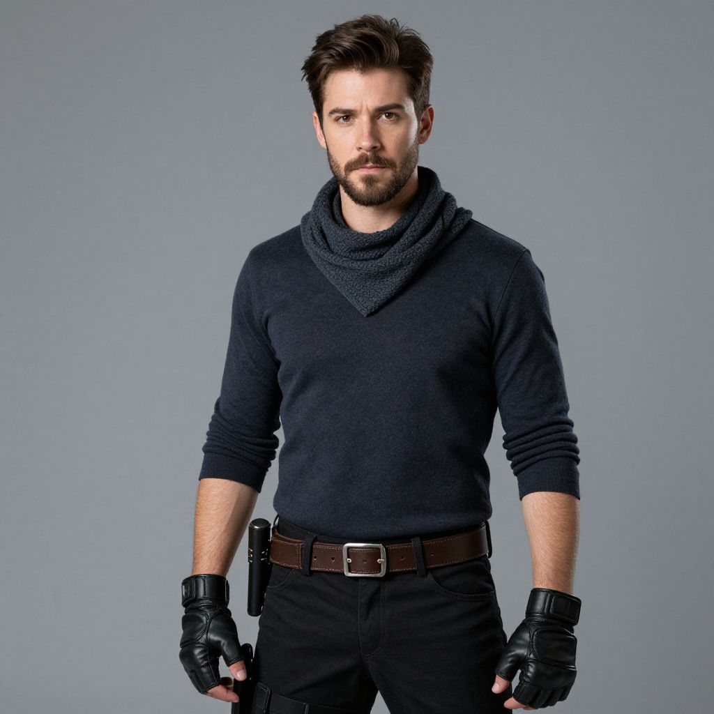 Man in Dark Tactical Outfit with Gloves and Scarf