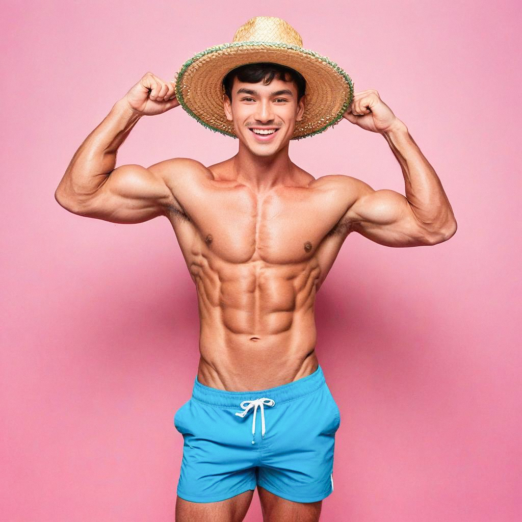 Muscular Young Man in Blue Swim Shorts and Straw Hat