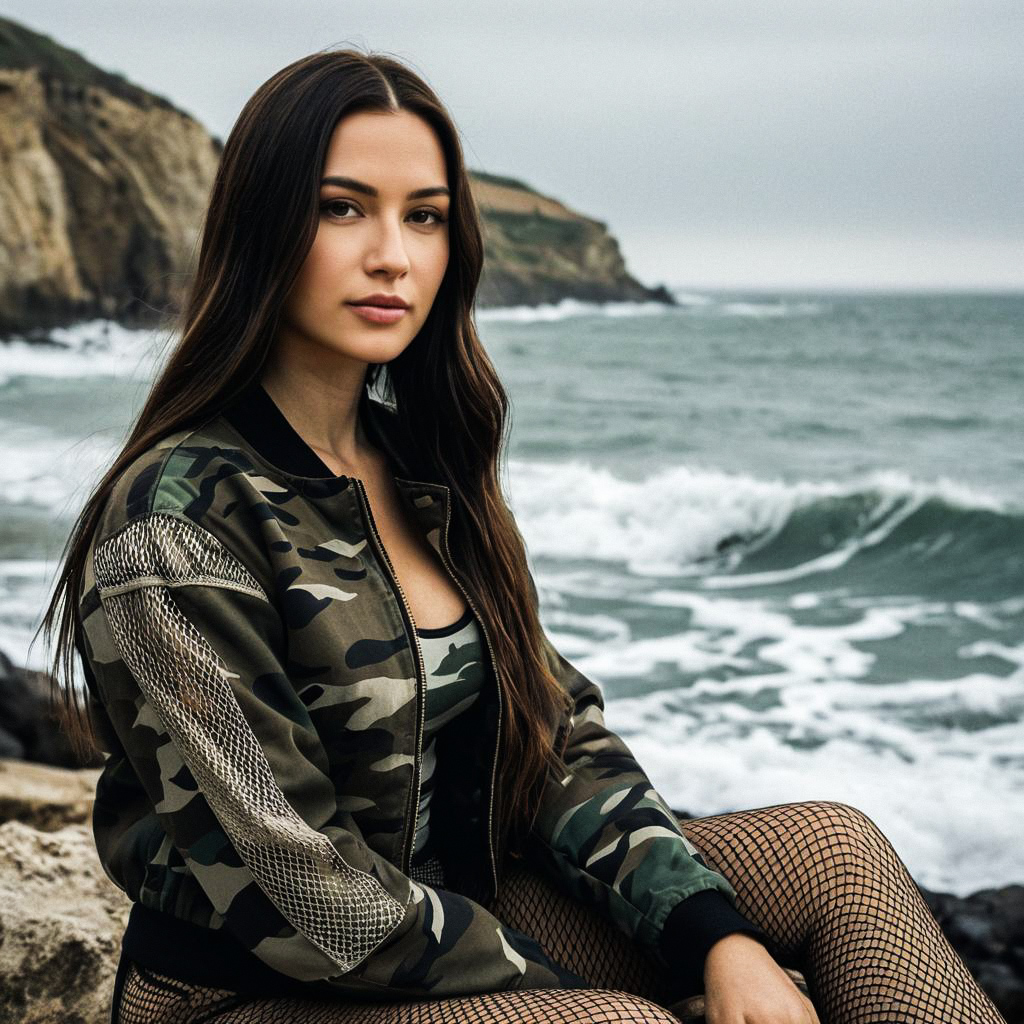 Confident Woman in Camouflage by Ocean