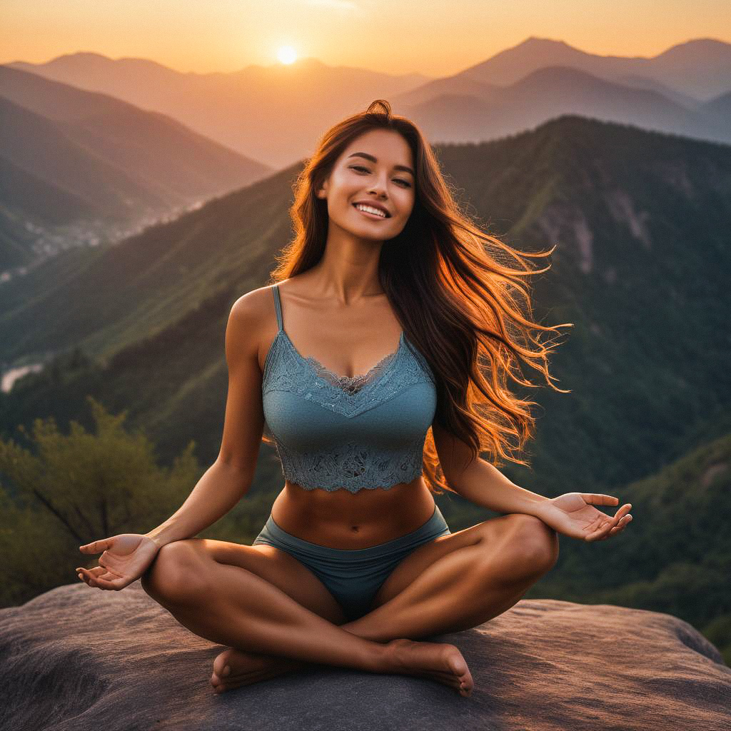 Young Woman Meditating at Sunset in Mountains Young Woman Meditating at Sunset in Mountains