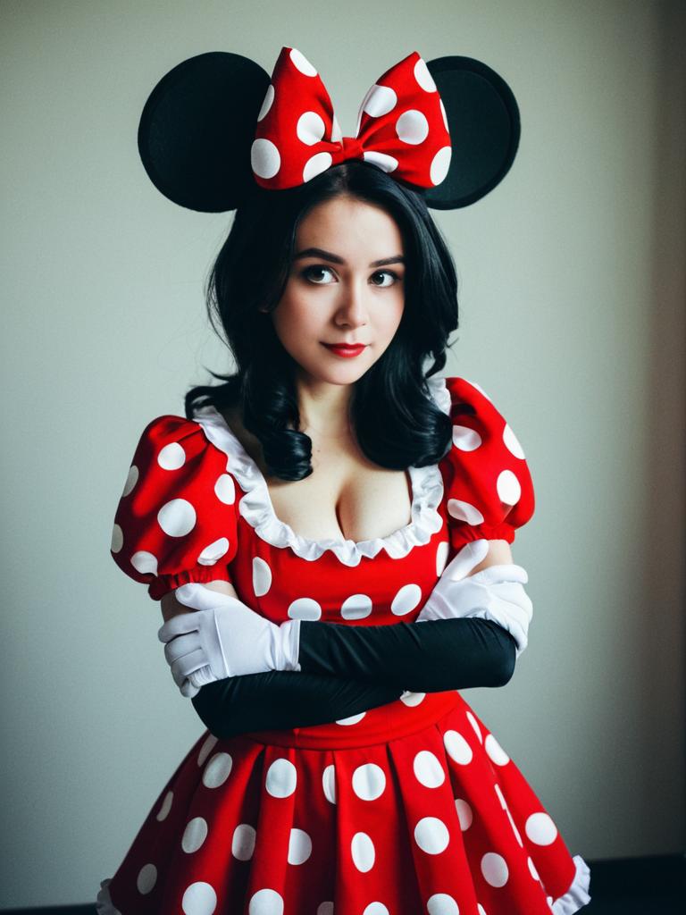 Woman in Classic Minnie Mouse Costume Cosplay with Red Polka Dot Dress