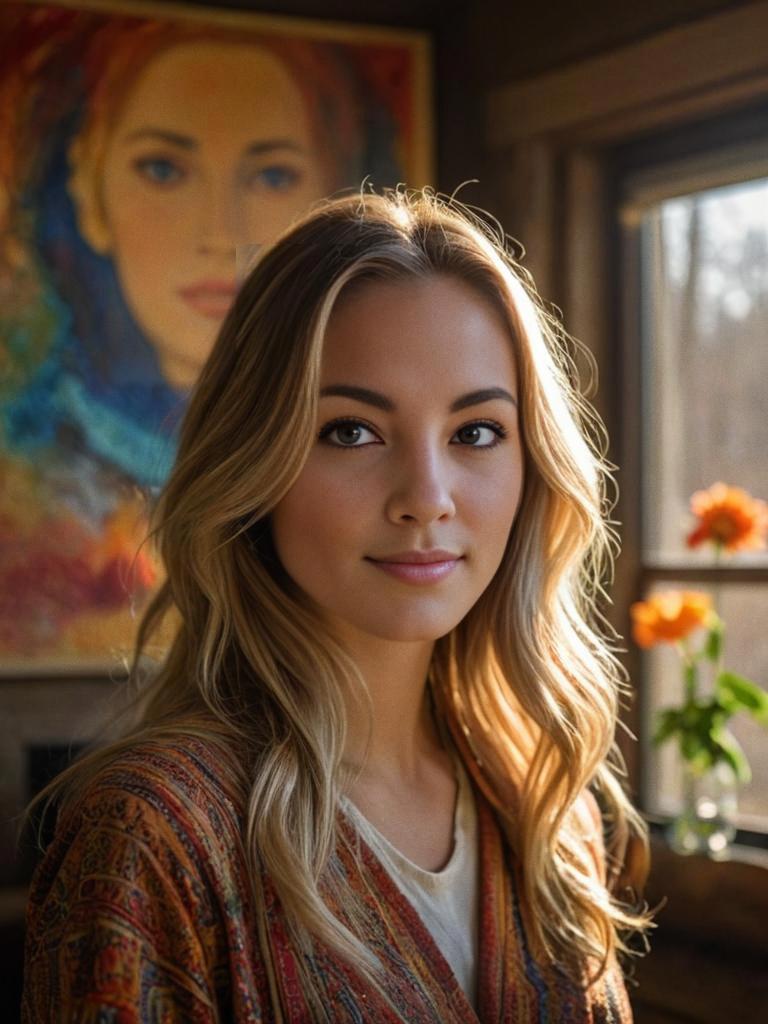 Serene Young Woman with Blonde Hair in Artistic Room