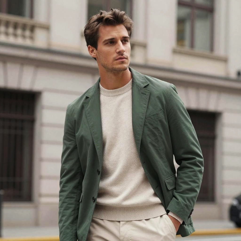 Modern Urban Style Man Wearing Green Blazer and Beige Sweater