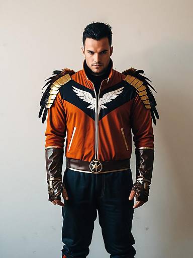 Man in Realistic T. Hawk Cosplay Costume with Feather Shoulder Armor