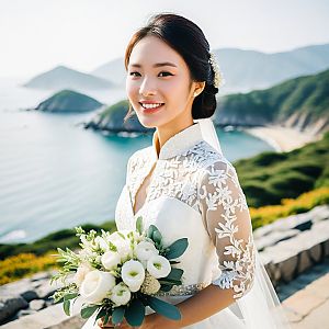 Smiling Bride in White Lace Gown by the Sea