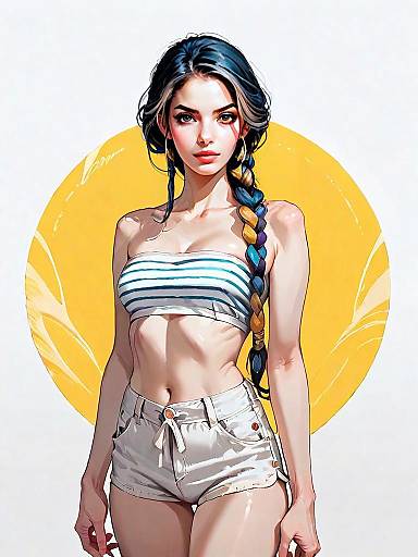 Realistic Full Body Illustration of a Woman in Casual Summer Outfit with Colorful Braided Hair