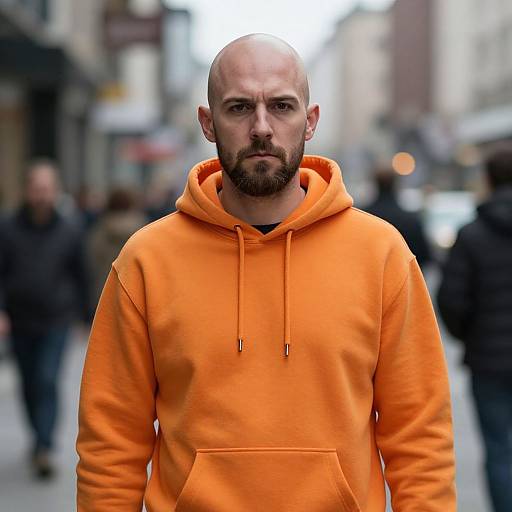 Bald Man in Orange Hoodie Standing on Urban Street
