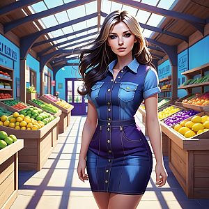 Stylish Woman in Denim Dress at Vibrant Market