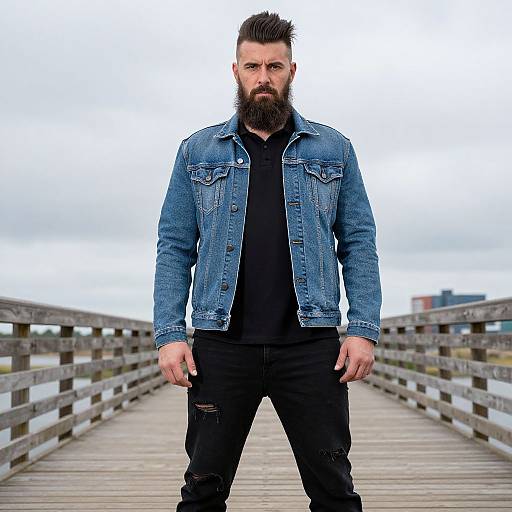 Bearded Man in Denim Jacket Standing on Wooden Boardwalk