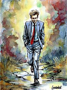Stylish Man on Wet Path with Abstract Watercolor Background