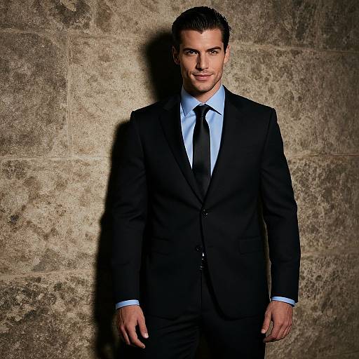 Confident Man in Black Suit and Blue Shirt Standing Against Stone Wall