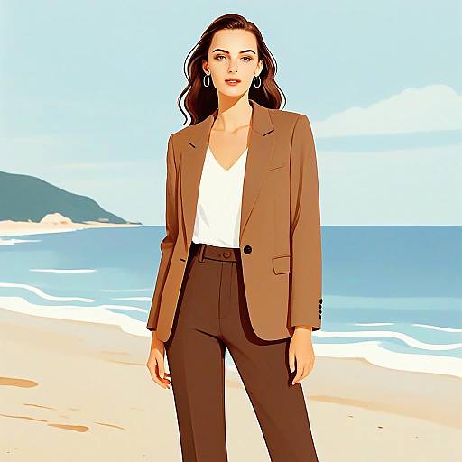 Fashionable Woman in Brown Suit Standing on Beach Illustration