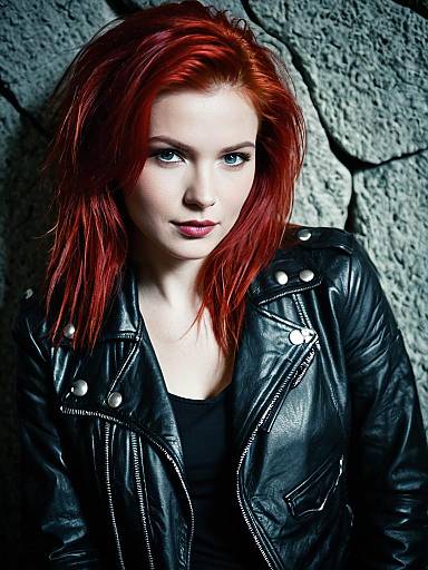 Rock Star Woman with Red Hair in Black Leather Jacket
