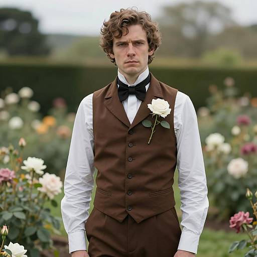 Young Man in Vintage Brown Vest with White Rose in Rose Garden
