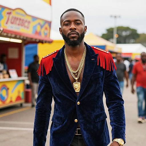 Stylish Man Wearing Velvet Blazer with Red Fringe at Outdoor Carnival