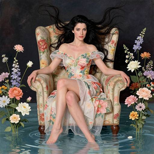 Elegant Woman in Floral Dress Sitting in Vintage Chair Surrounded by Flowers