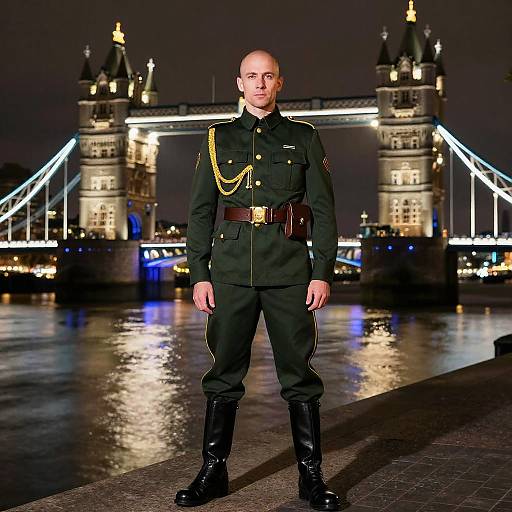 Man in Military Uniform Standing by Tower Bridge London at Night