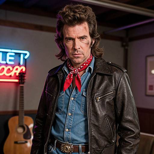 Vintage Leather Jacket Man with Red Bandana and Denim Shirt in Retro Setting