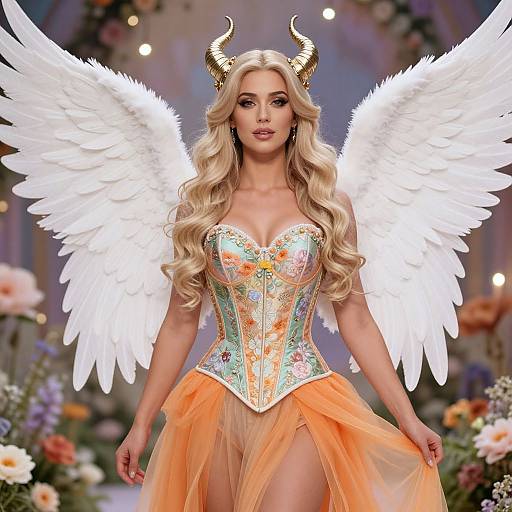 Fantasy Angel Woman with Golden Horns and Floral Corset in Orange Skirt