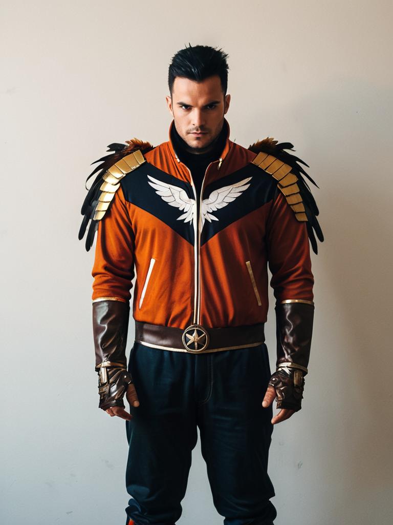Man in Realistic T. Hawk Cosplay Costume with Feather Shoulder Armor