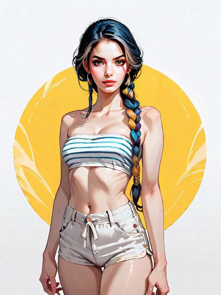 Realistic Full Body Illustration of a Woman in Casual Summer Outfit with Colorful Braided Hair